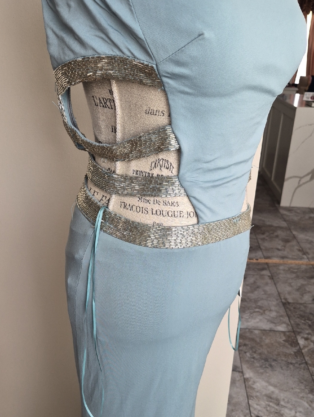 JOVANI DUSTY BLUE SIDE CUTOUT BEADED DETAIL LINED STRETCHY MERMAID FLARE DRESS - Picture 3 of 13